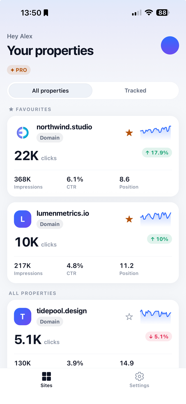 Searchlight showing a list of tracked properties with clicks, impressions, CTR and average position.